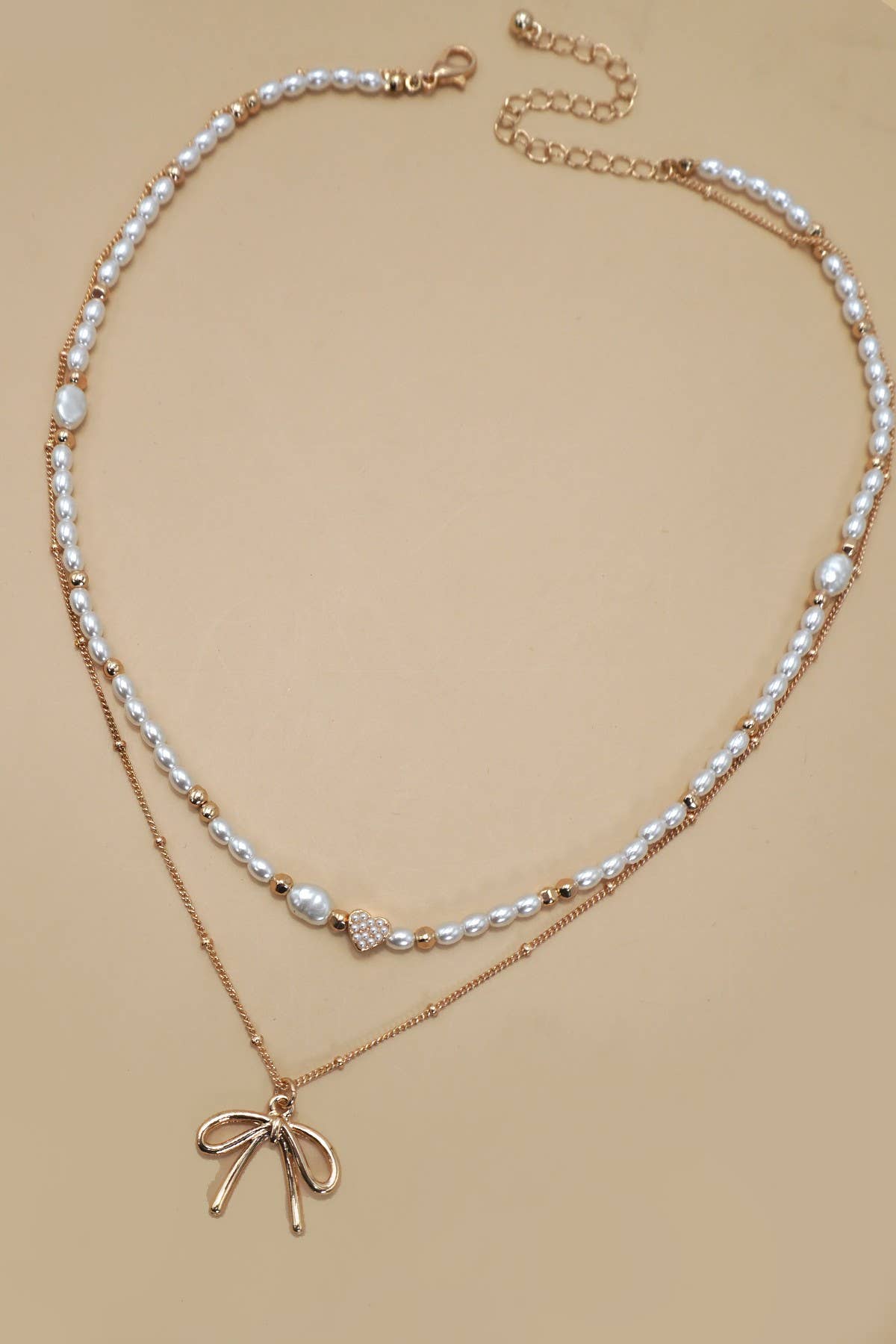 PEARL HEART BOW BALL CHAIN DOUBLE LAYER NECKLACE
