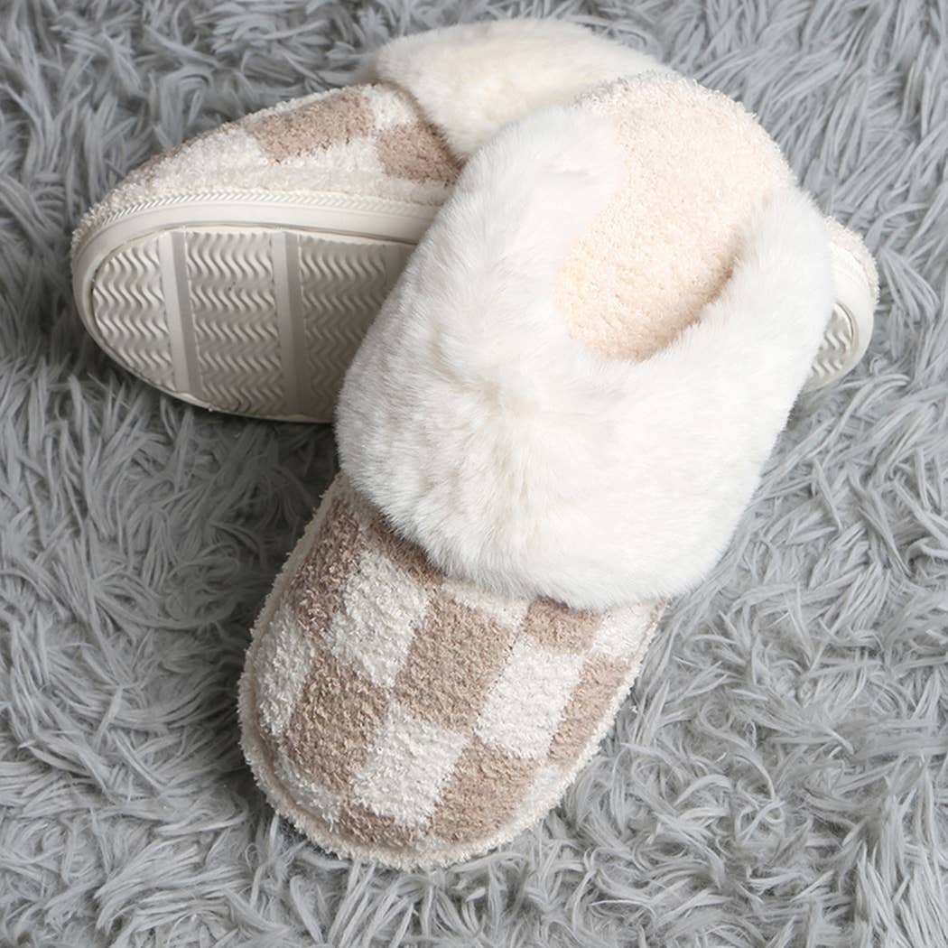 Checkered Faux Fur Cuff Luxury Soft Slipper