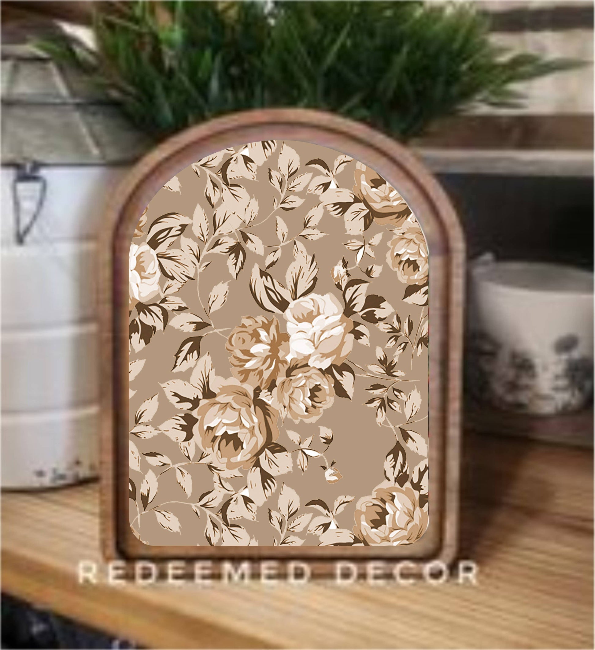 Arch Top Taupe Rose Pattern Framed Art 8.25x11"