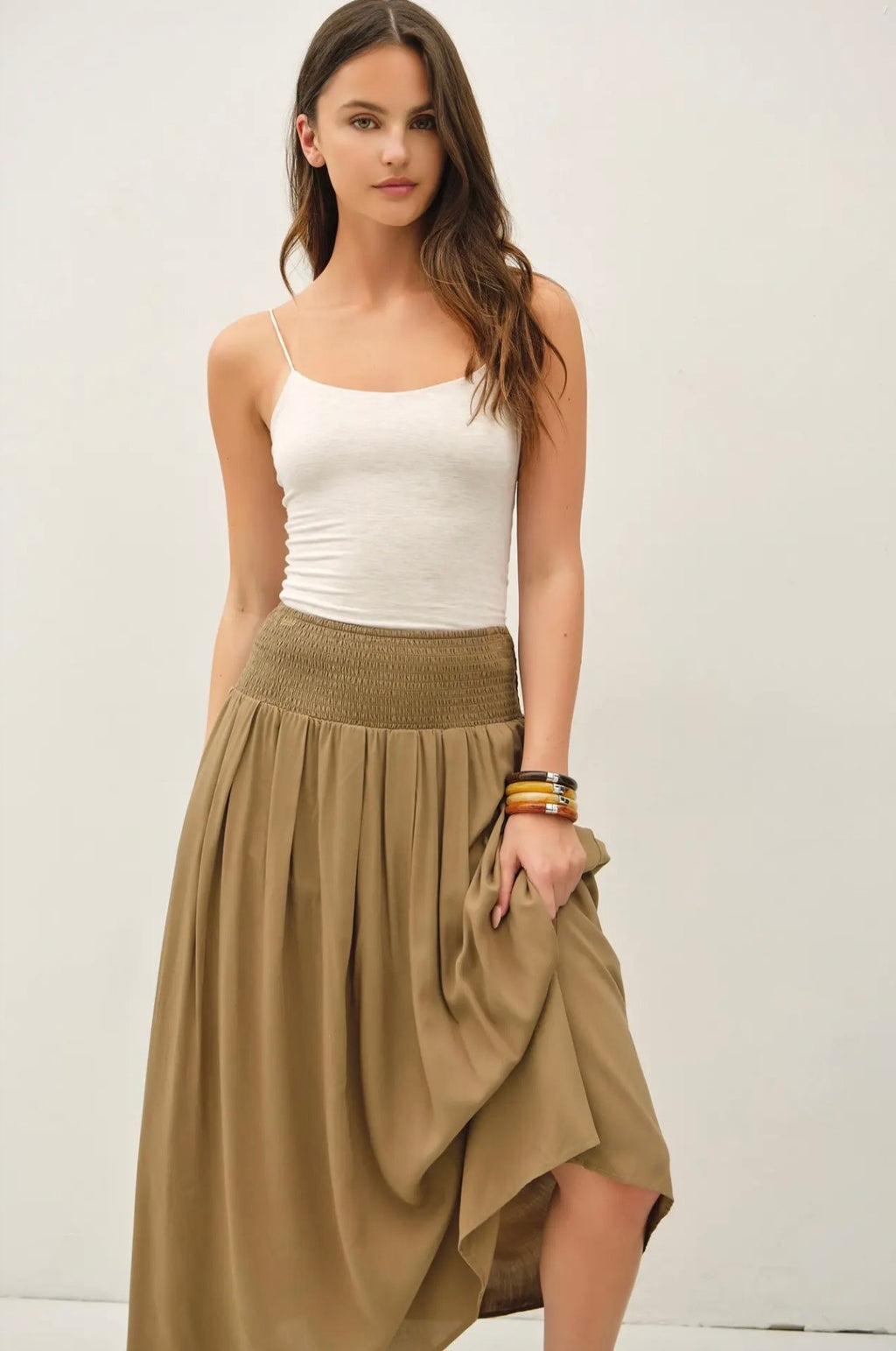 Smocked Waist Midi Skirt with Pockets