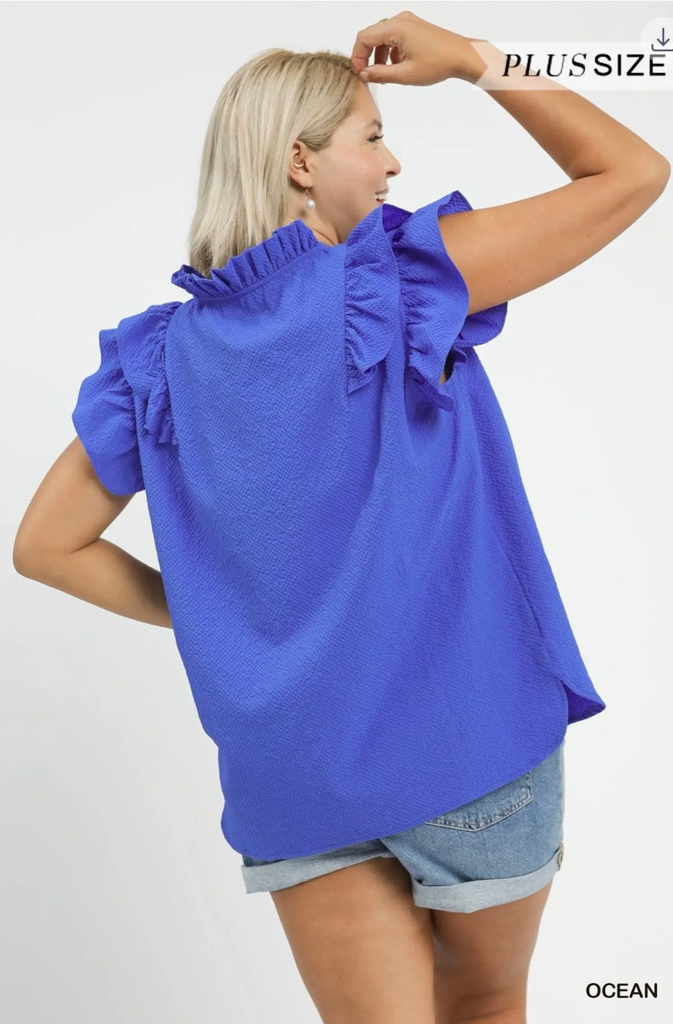 Curvy Textured Ruffle Sleeve V-neck Blouse