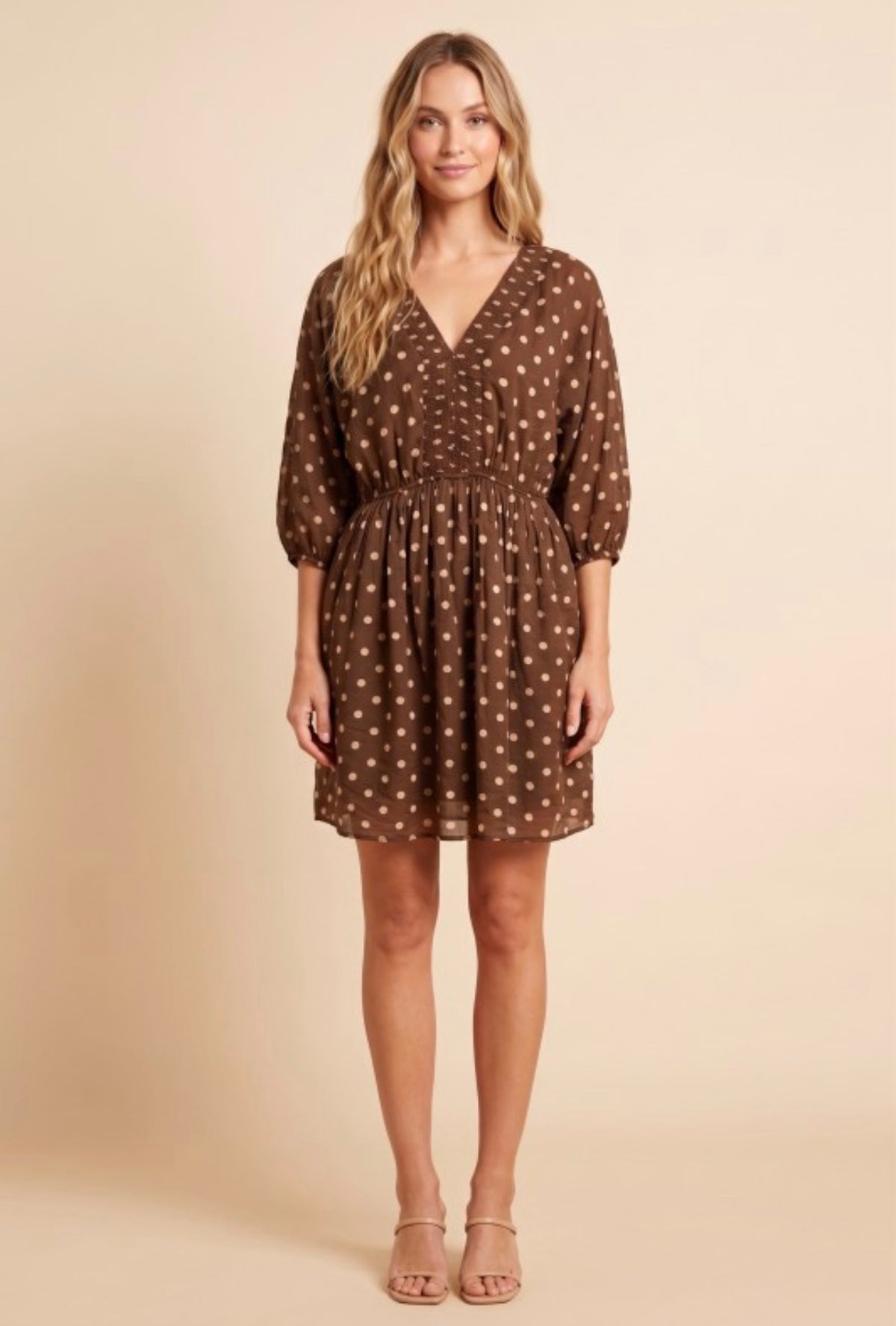 Smocked Neckline Polka Dot Dolman Dress