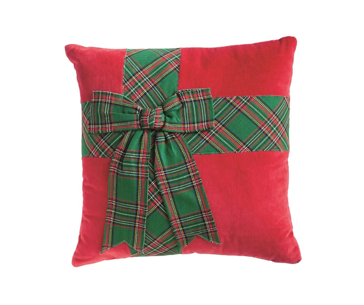 Red Velvet Pillow with Green Tartan Plaid Bow