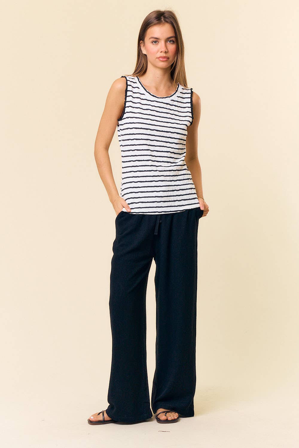 TEXTURED STRIPE KNIT RUFFLE TANK TOP