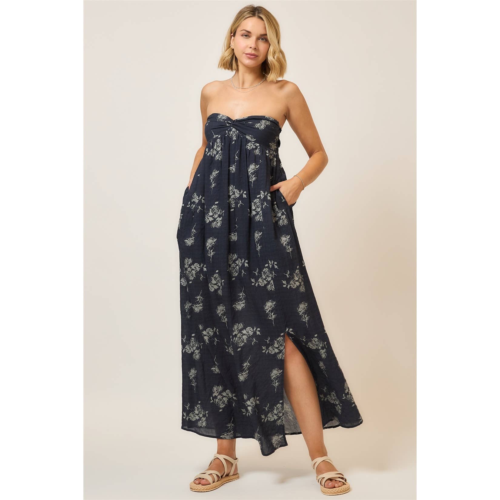Floral Strapless Open Back Maxi Dress