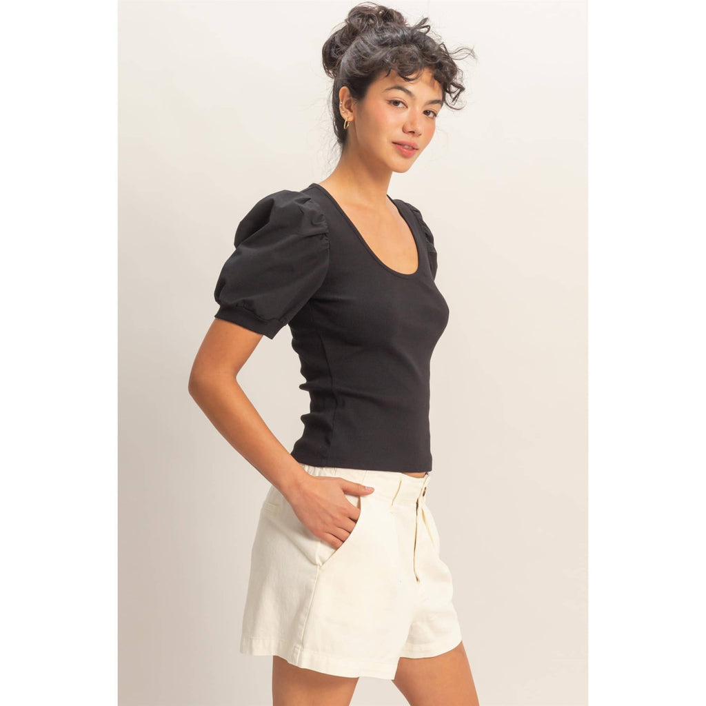 Ribbed Puff Sleeve Scoop Neck Top