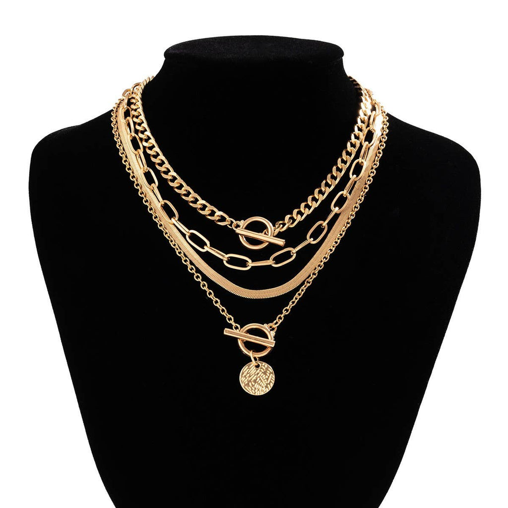 MULTI LAYER TOGGLE HERRINGBONE COIN NECKLACE