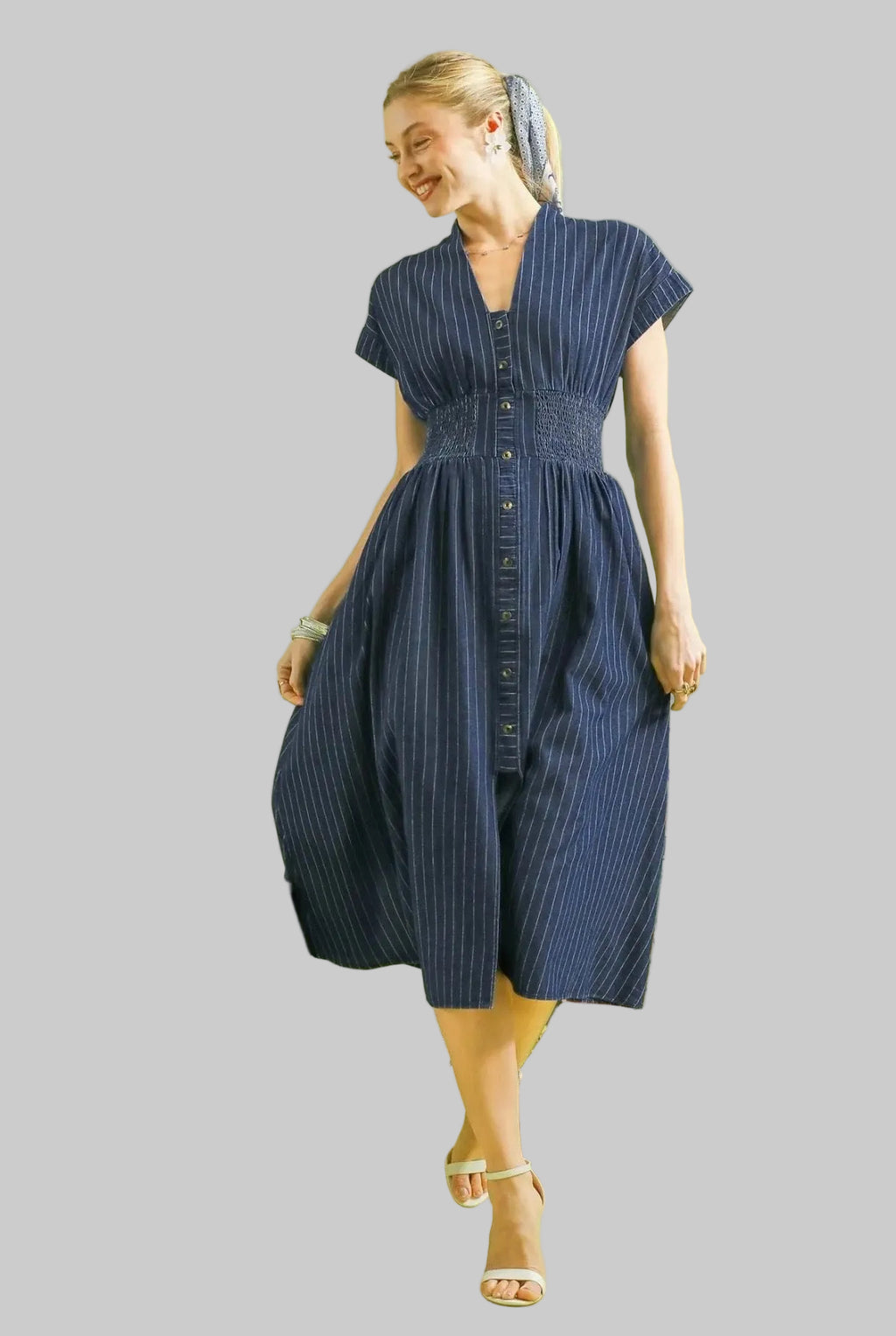 Pinstripe Smocked Waist Denim Midi Dress