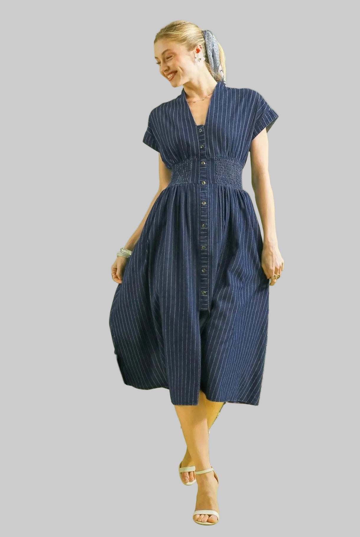 Pinstripe Smocked Waist Denim Midi Dress