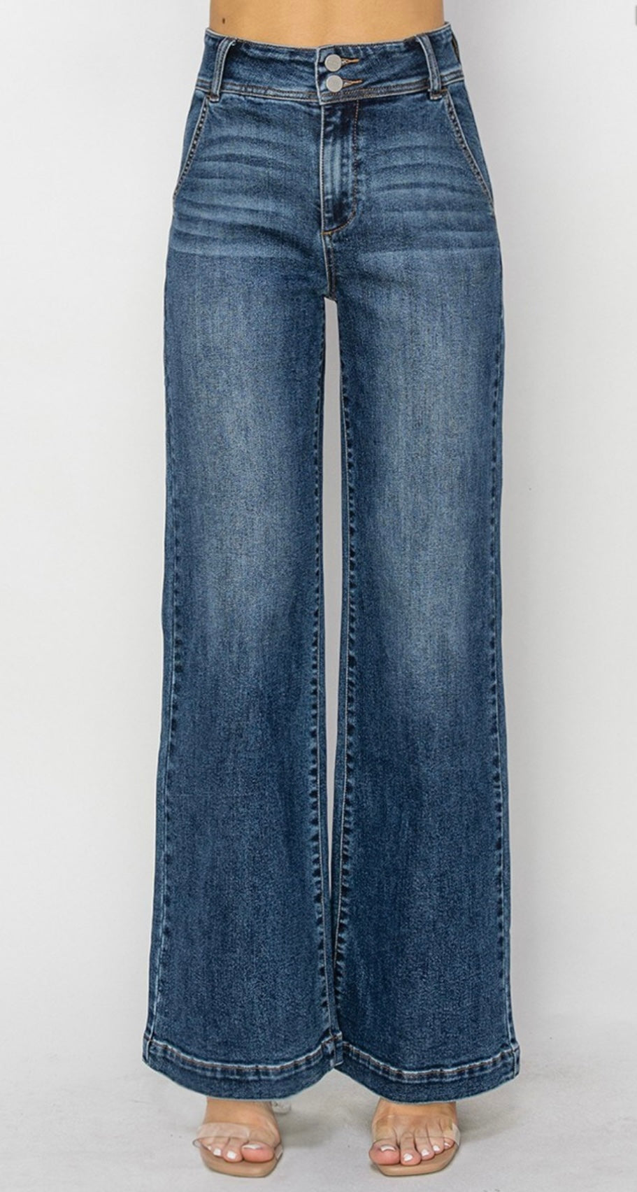 Risen Med Wash Tummy Control HR Double Button Wide Leg Jean