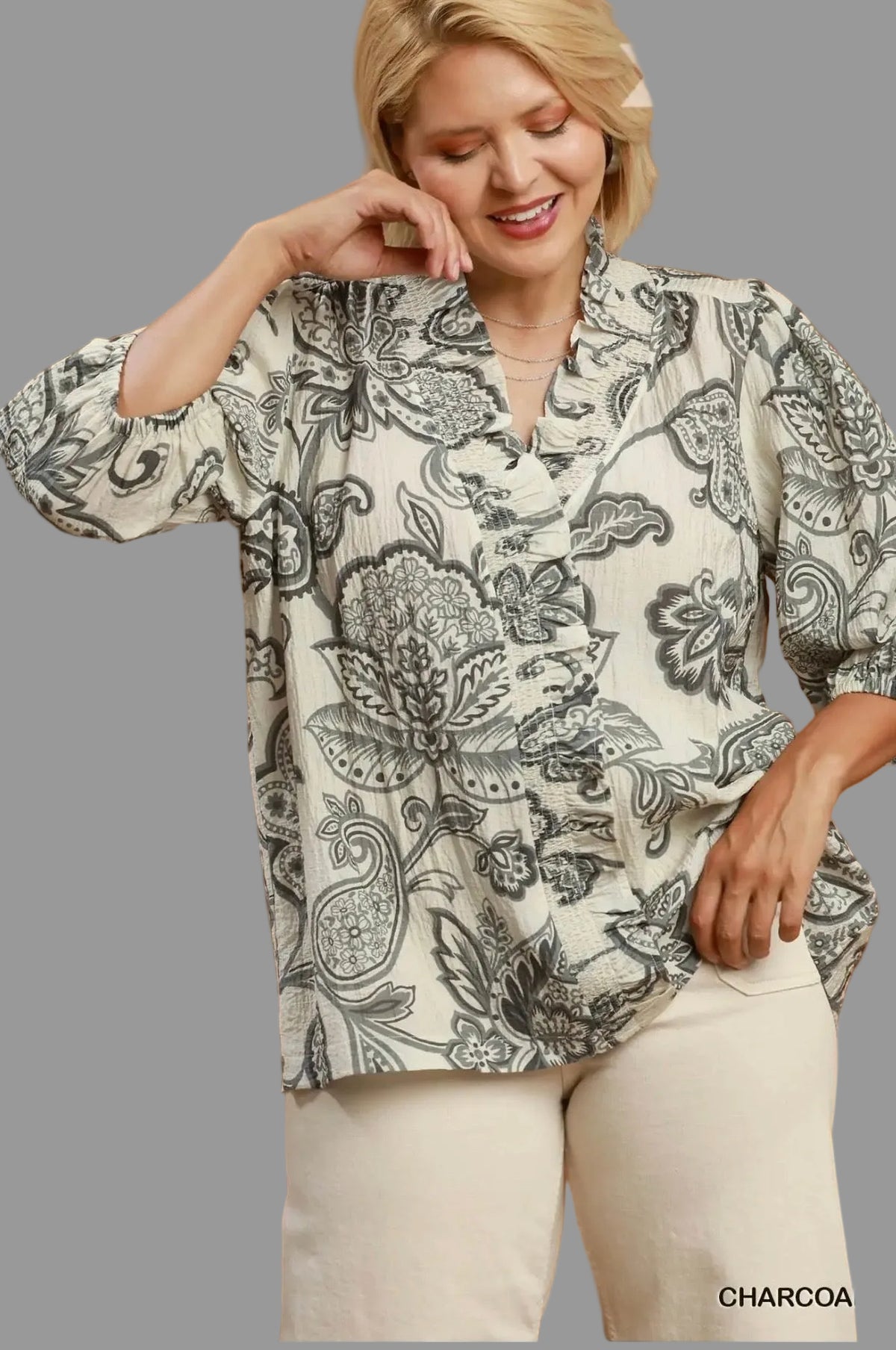 Curvy Paisley Print Ruffle Detail Top