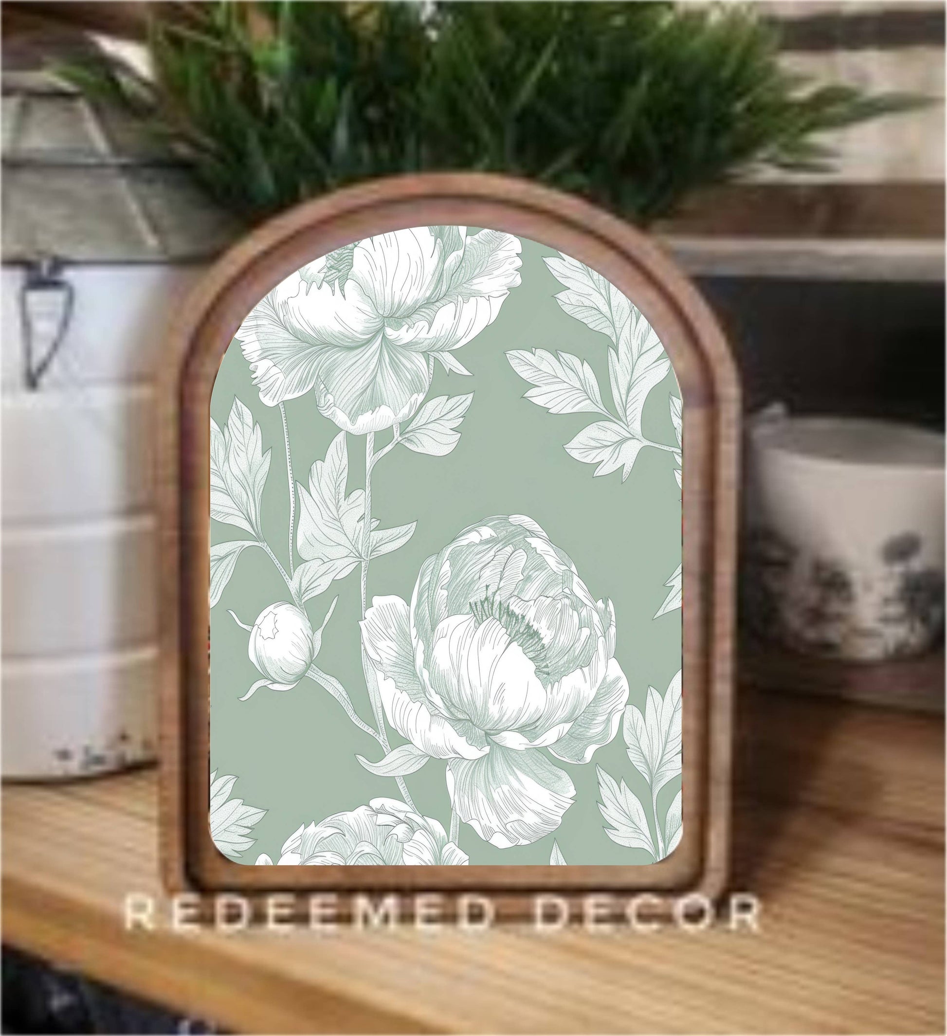 Arch Top Sage Floral Framed Art 6x8"