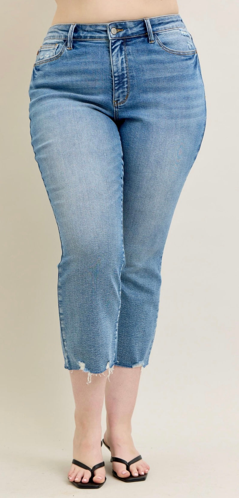 Curvy Judy Blue Vintage Wash Destroy Hem Kick Flare Crop Denim