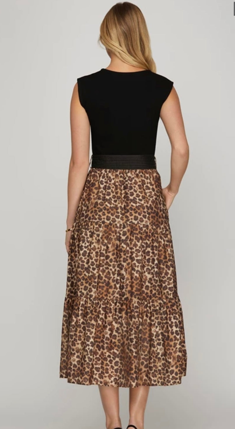 Knit and Woven Tiered Animal Print Midi Dress