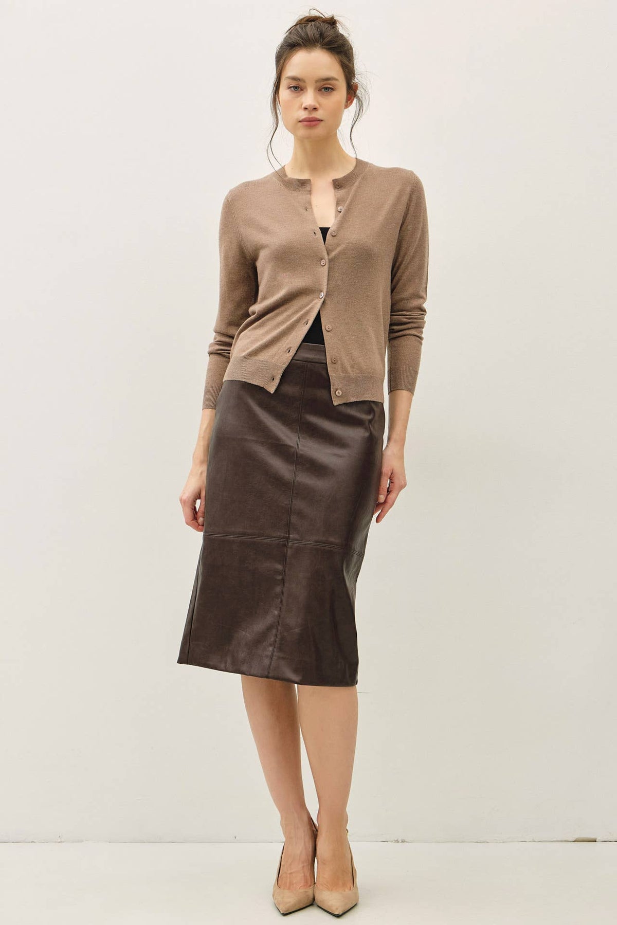 FAUX LEATHER KNEE LENGTH PENCIL SKIRT