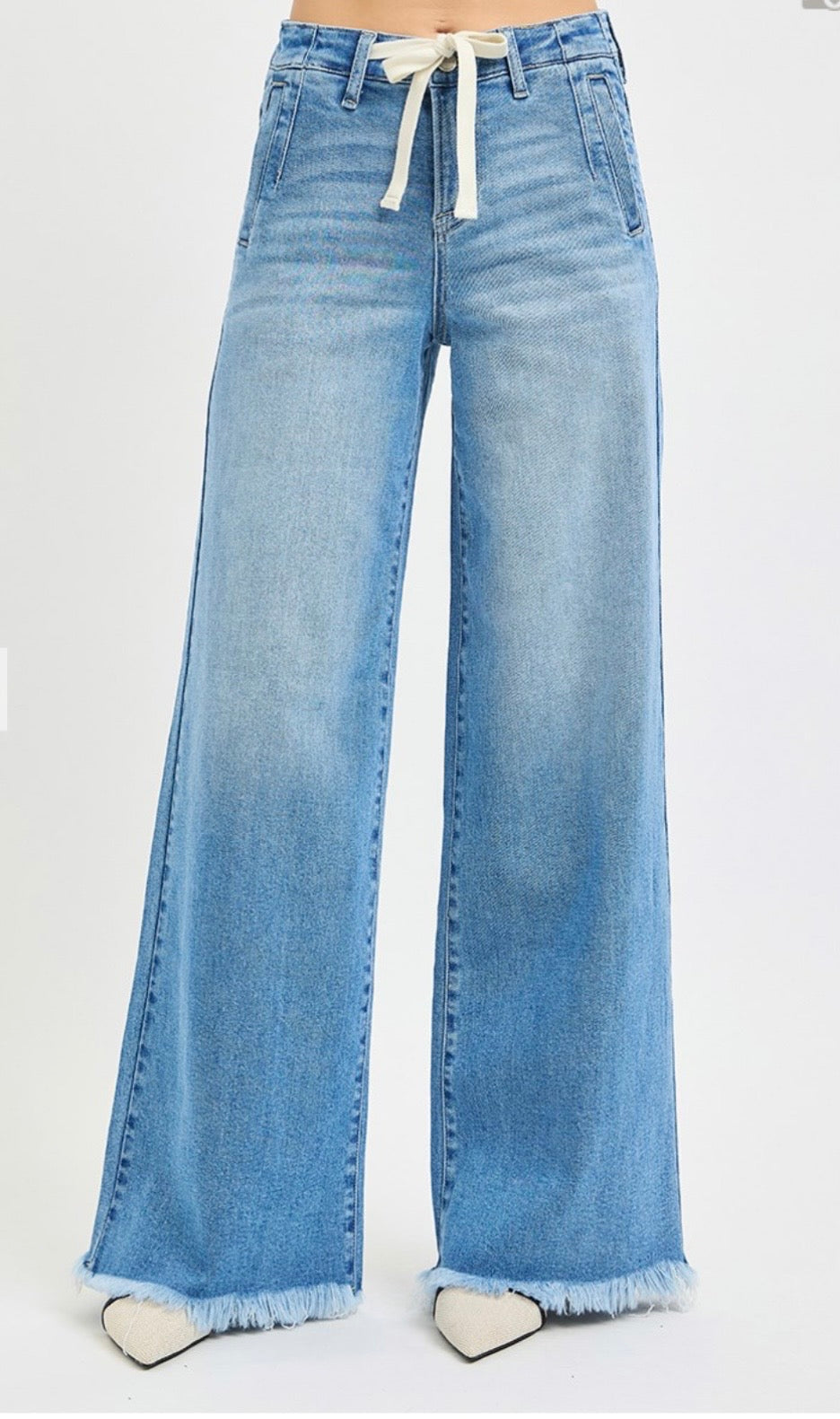 Risen High Rise Drawstring Waist Wide Jeans