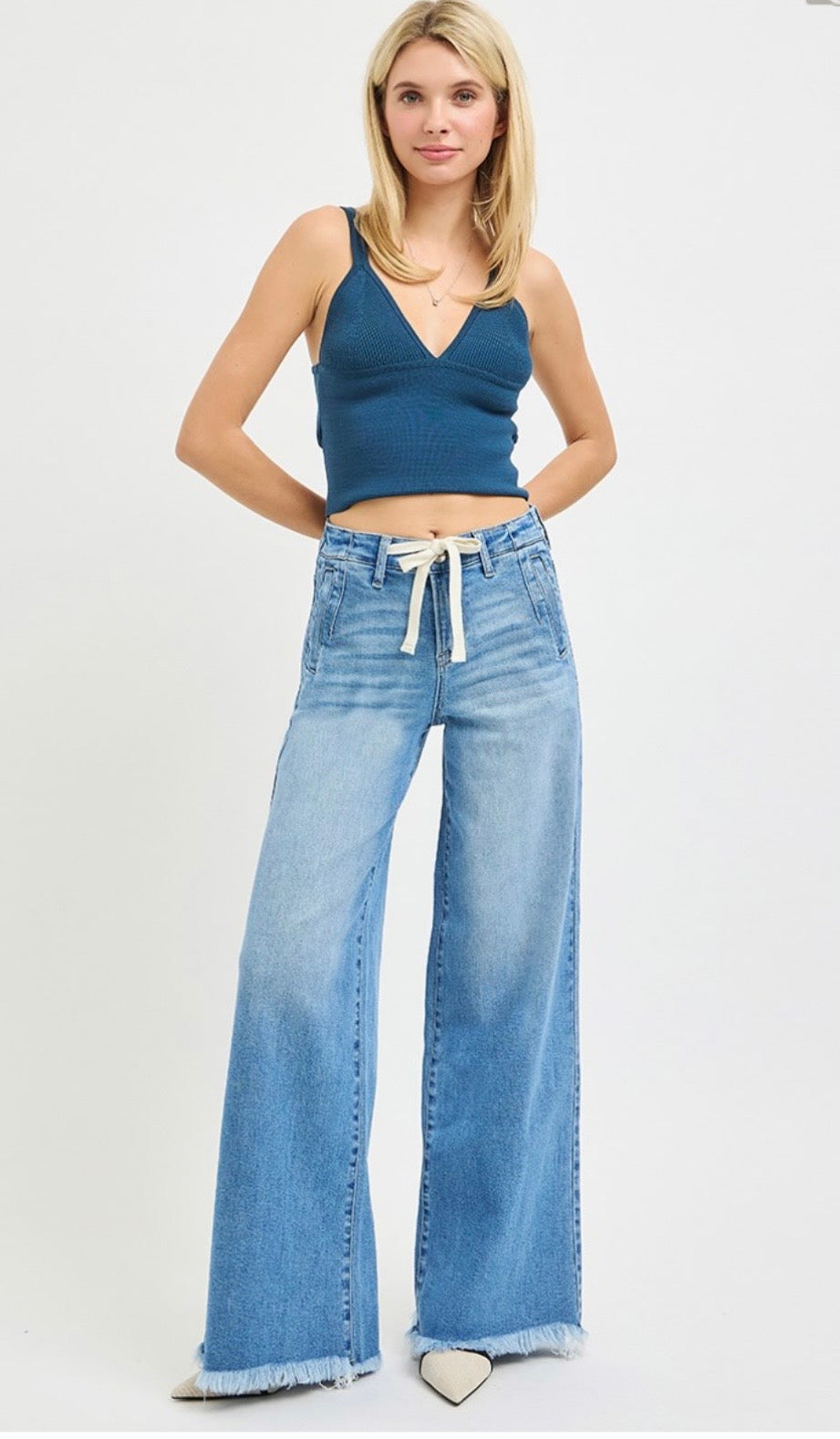 Risen High Rise Drawstring Waist Wide Jeans