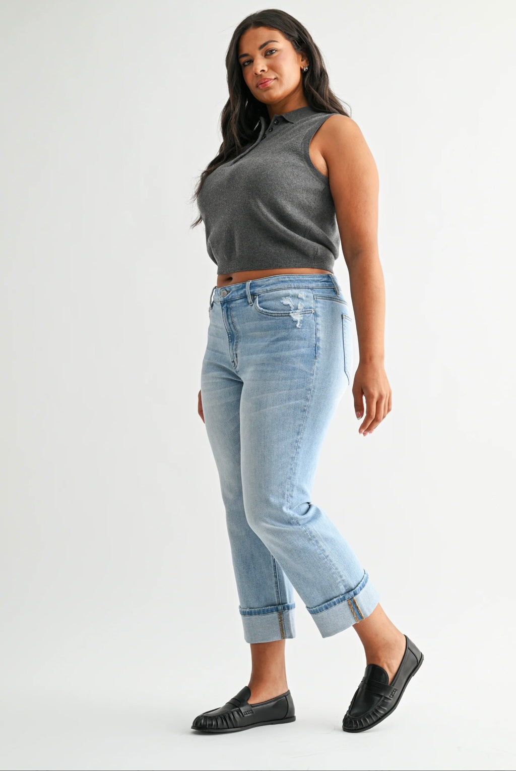 Curvy Mica Mid-Rise Cuffed Straight Leg Jeans