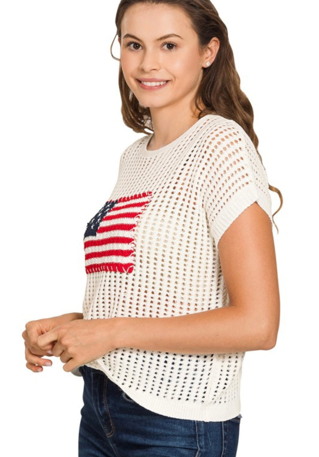 American Flag Cap Sleeve Open Stitch Sweater