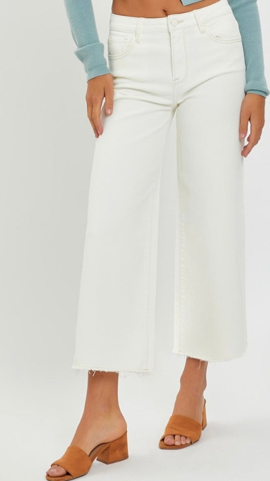 Risen Cream Crop Wide Leg Raw Hem Jeans