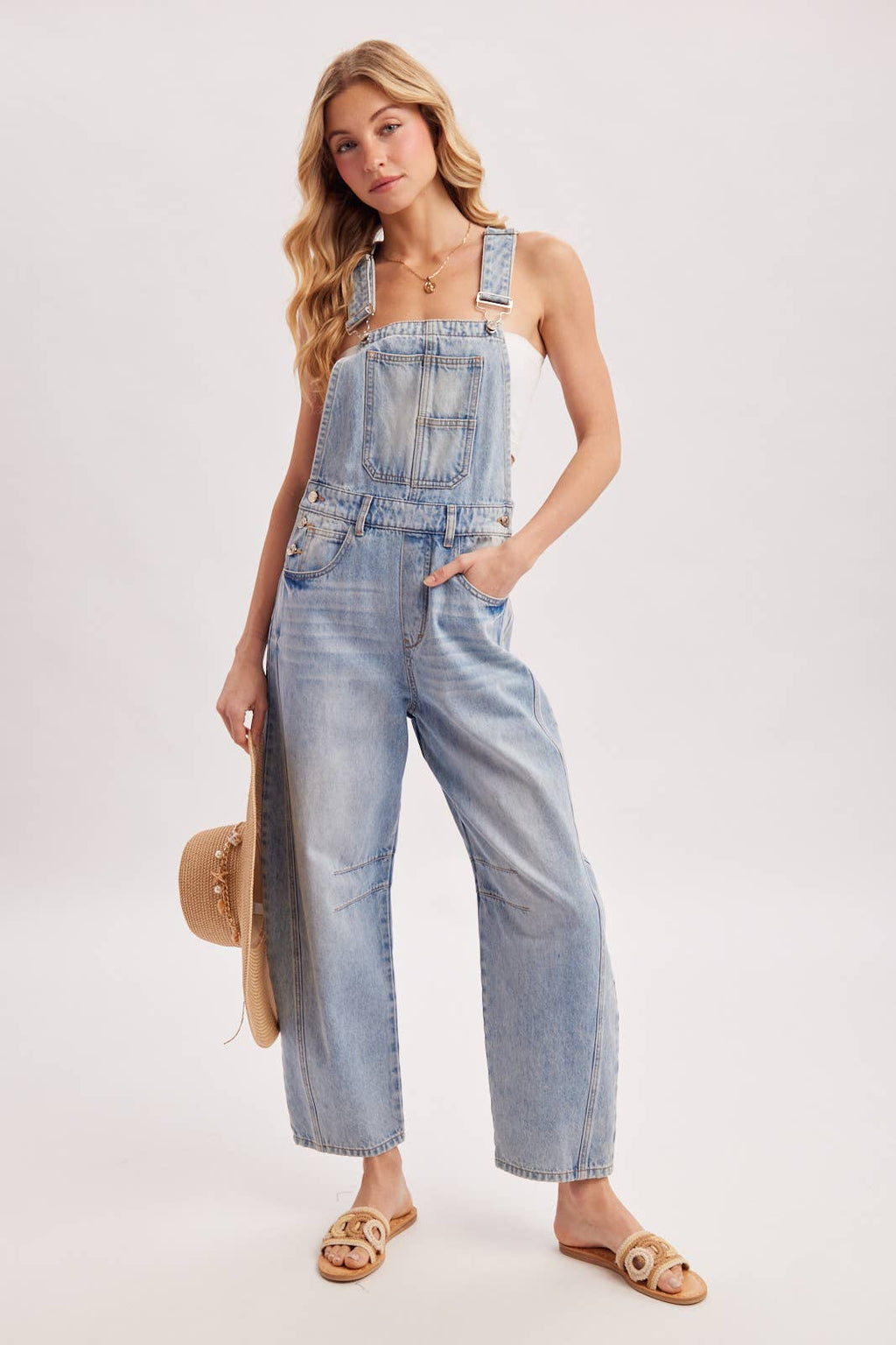 DENIM MINI BARREL OVERALLS