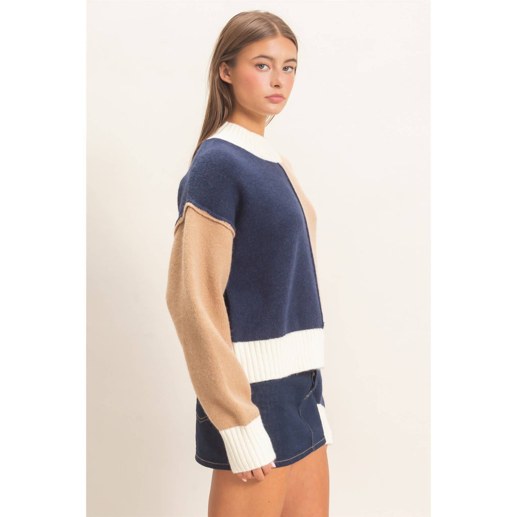 Color Block Mock Neck Sweater