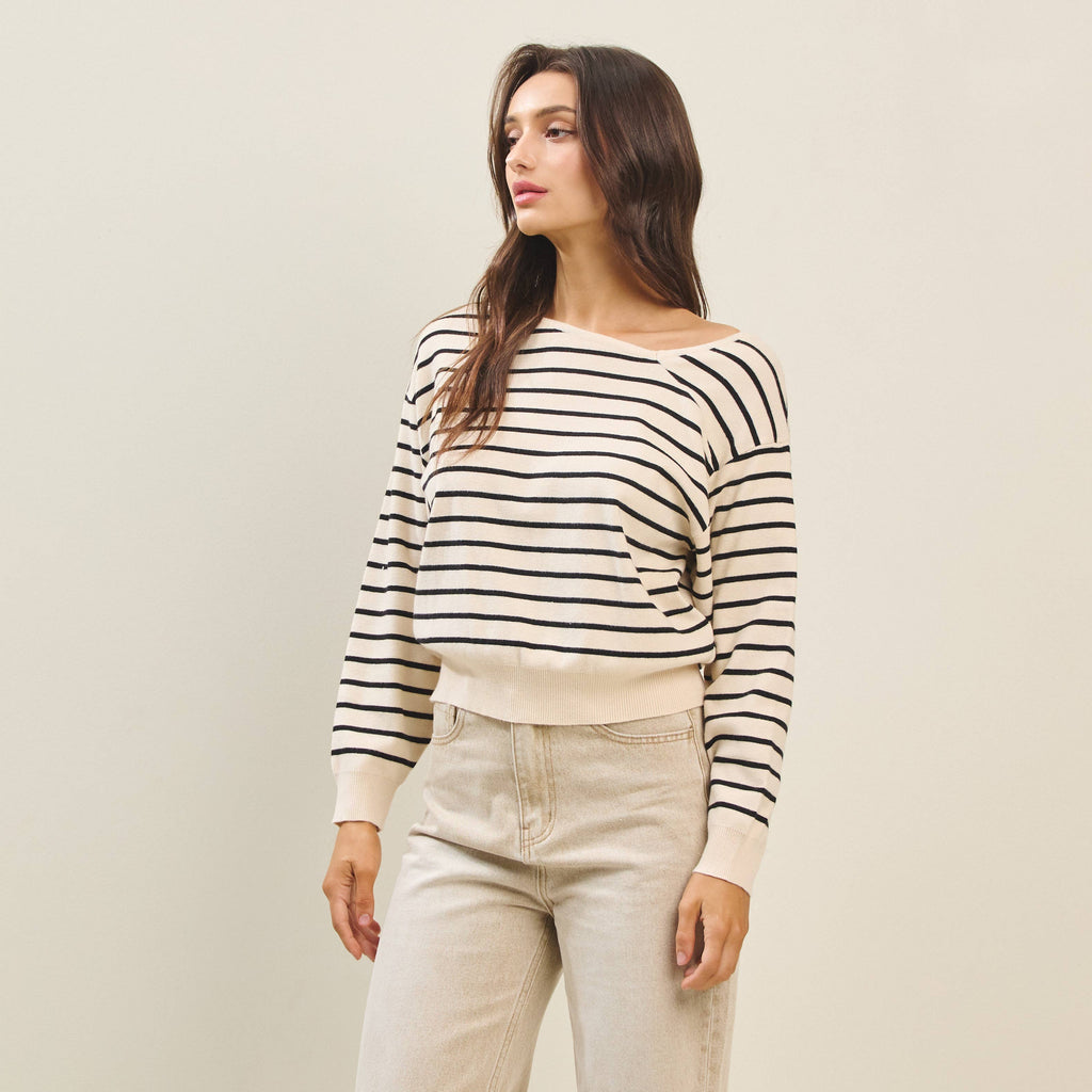 Asymmetric neckline striped sweater