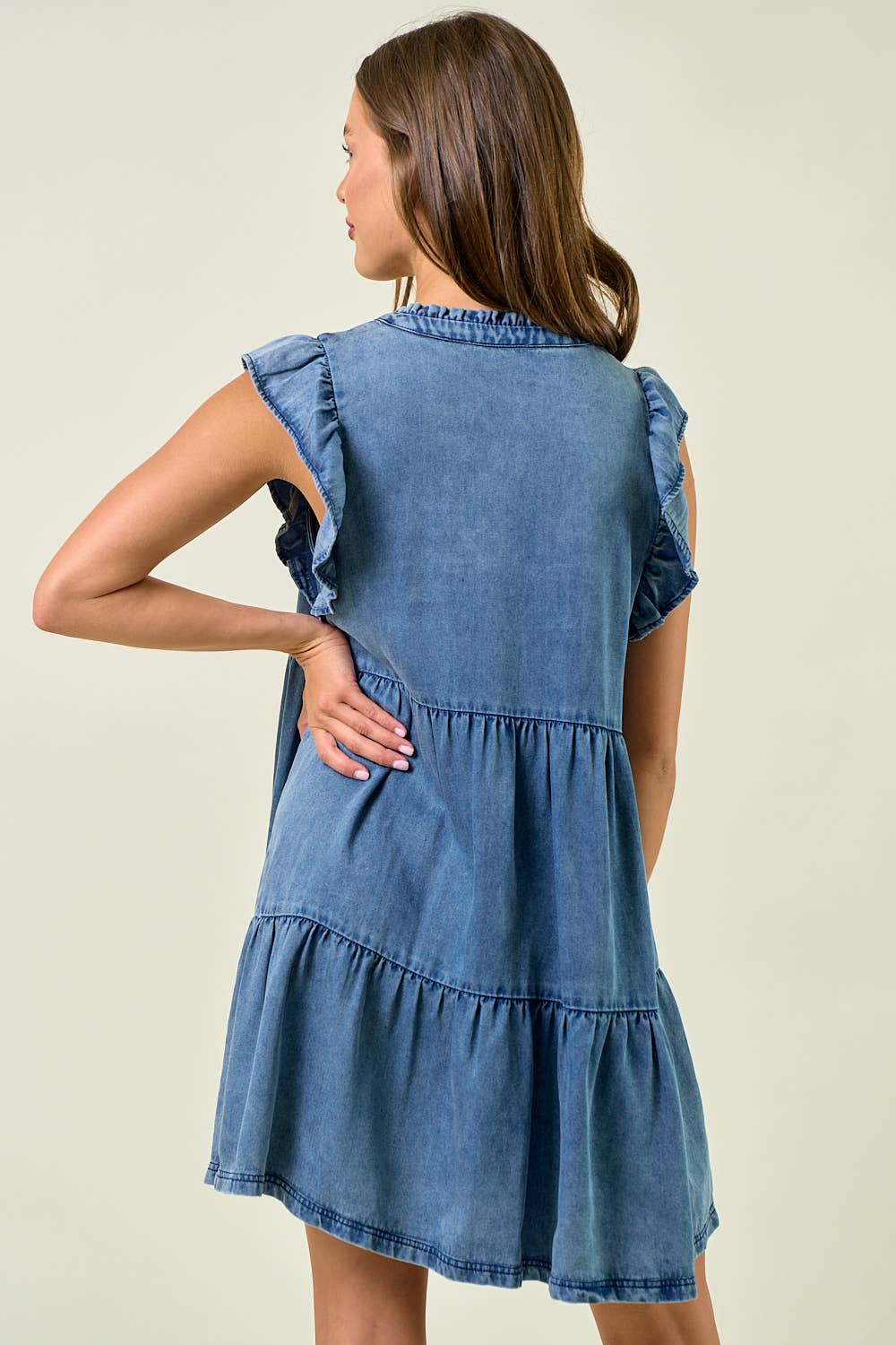 DENIM TENCEL RUFFLE TIERED MINI DRESS