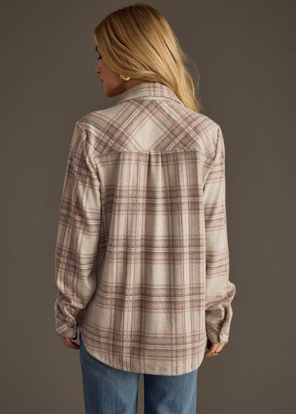 Pink, Gray & Tan Plaid Button Up