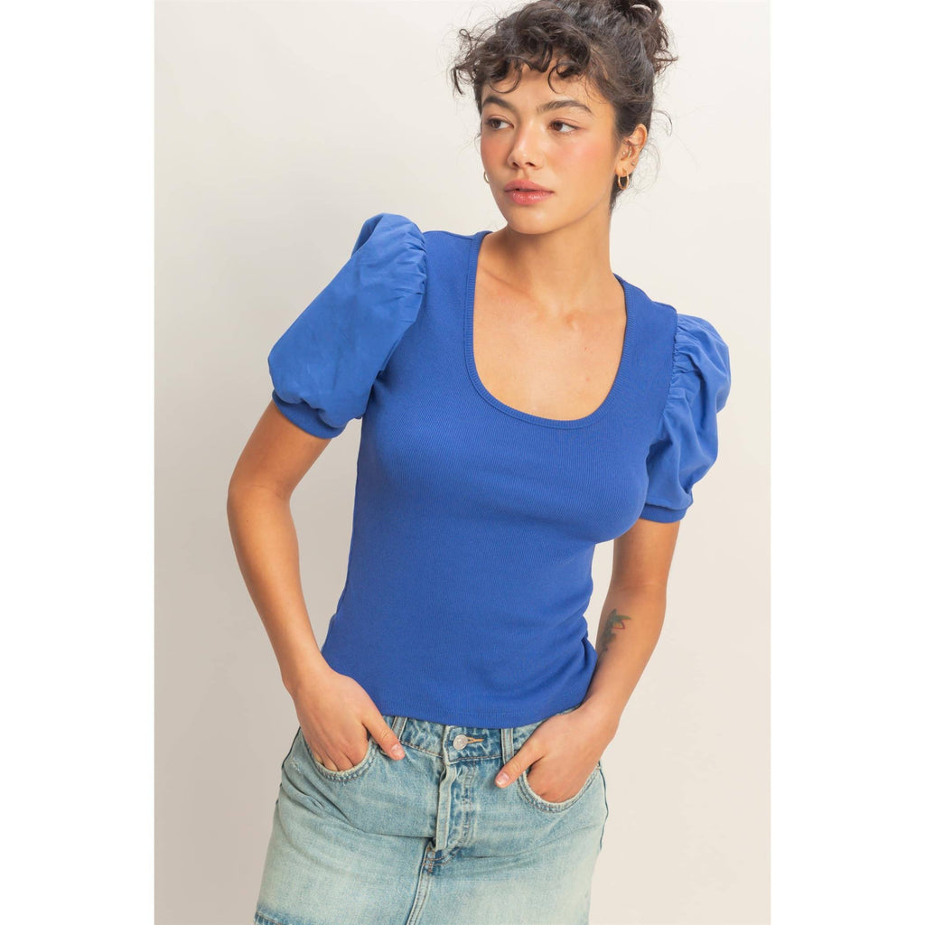 Ribbed Puff Sleeve Scoop Neck Top