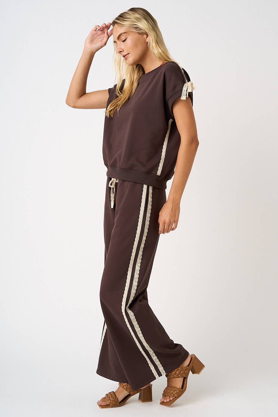 LACE STRIPED ELASTIC WAIST TERRY SWEATPANTS
