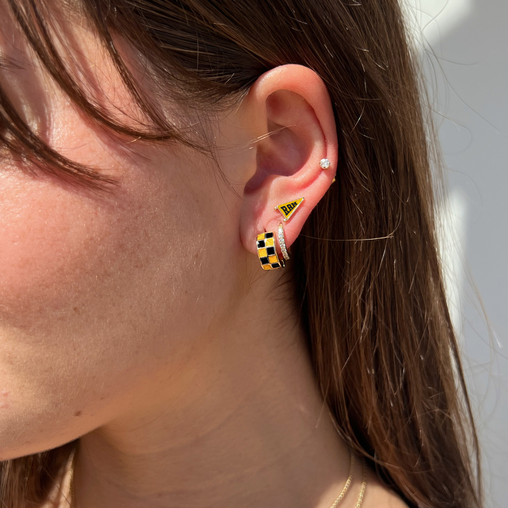 Black & Yellow Checkered Enamel Huggie Earrings