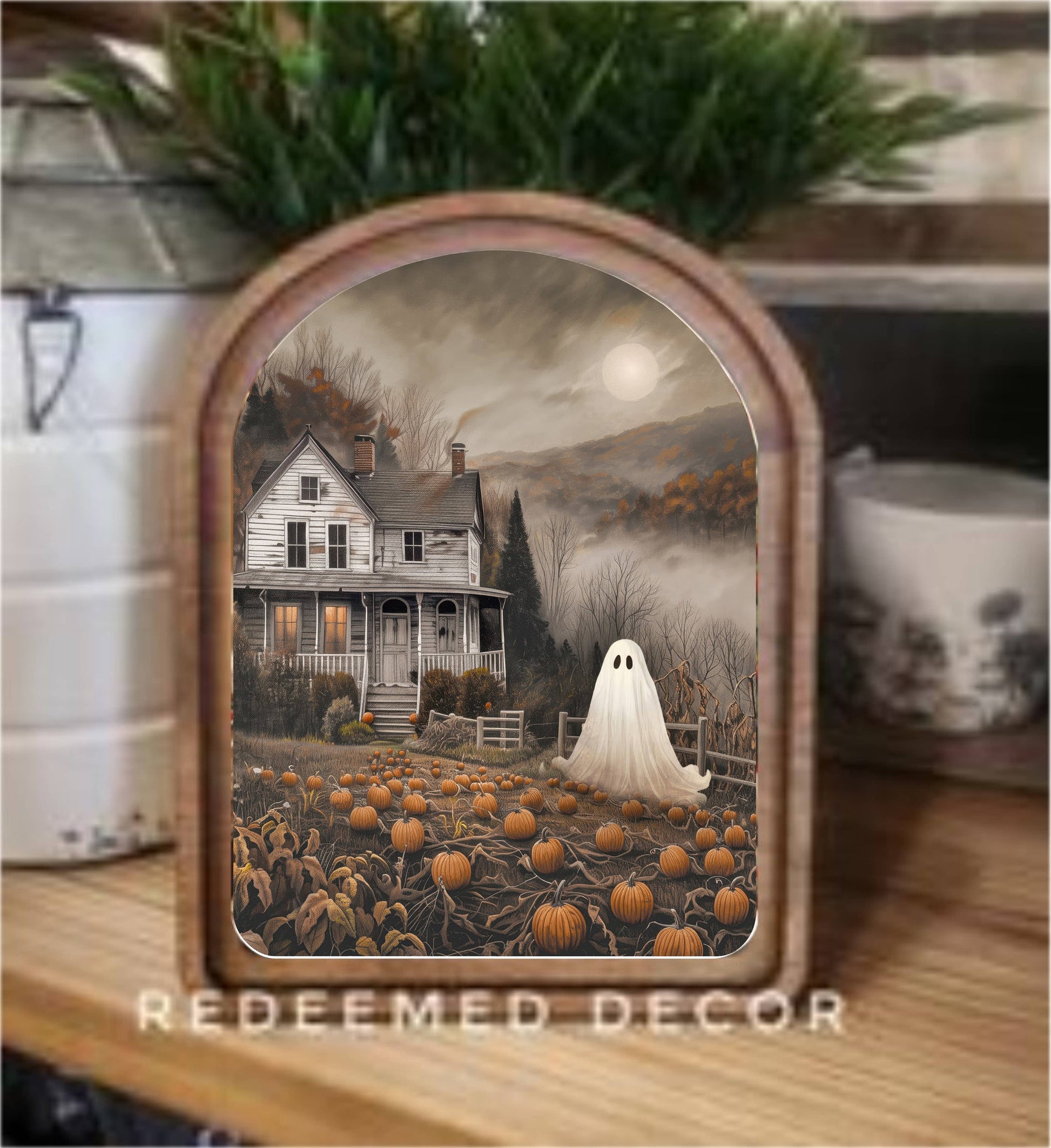 6x8 Arch Top Moody Ghost House Framed Art