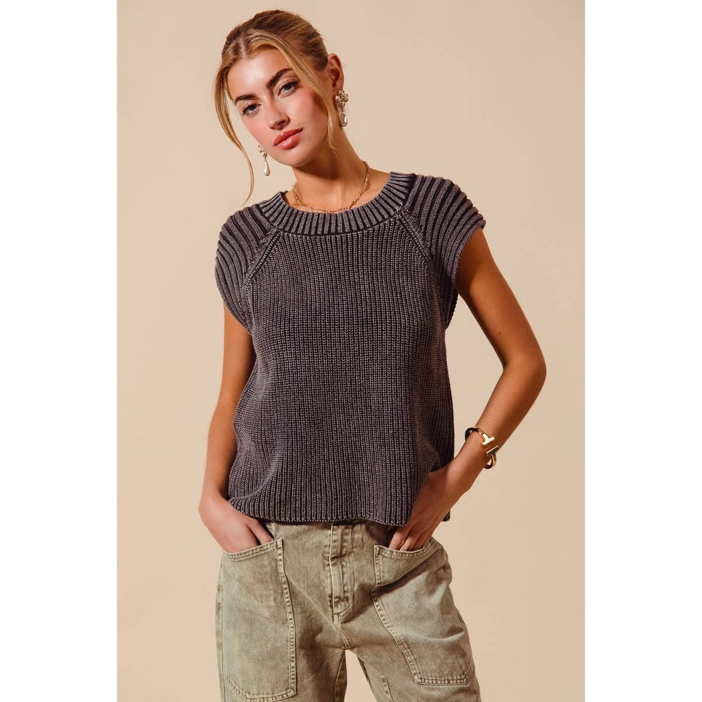 MINERAL WASHED RAGLAN SLEEVELESS SWEATER TOP