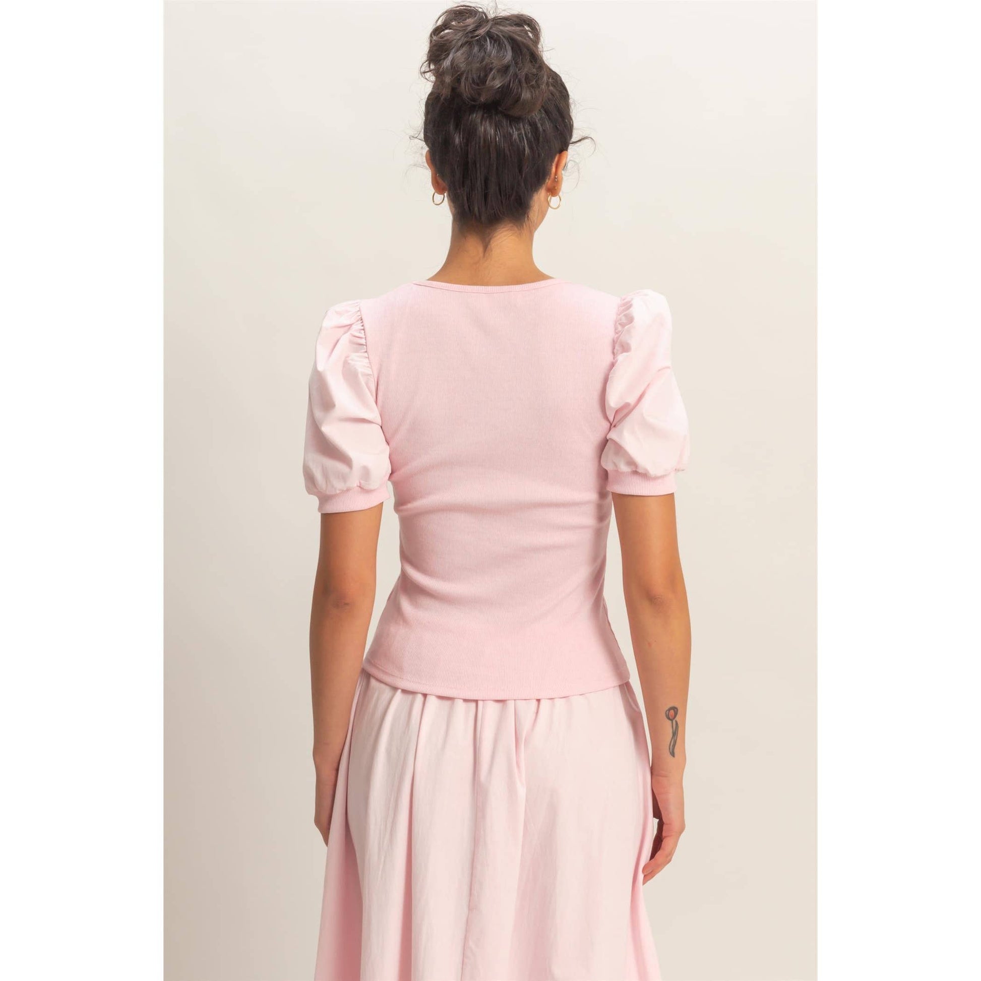 Ribbed Puff Sleeve Scoop Neck Top