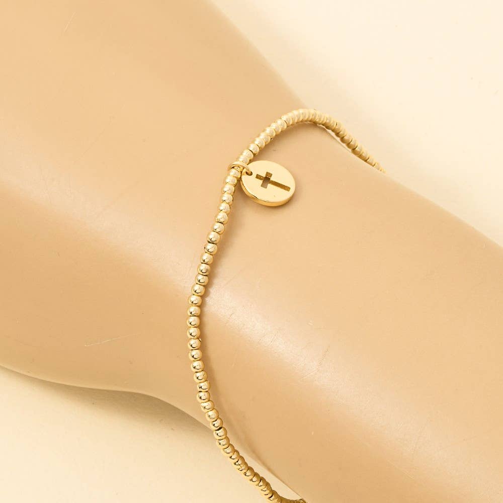 Gold Dipped Cross Coin Charm Beaded Bracelet