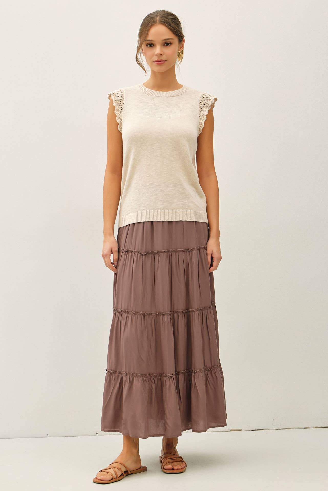 Crochet Ruffle Cap Sleeve Slub Knit Tank Sweater