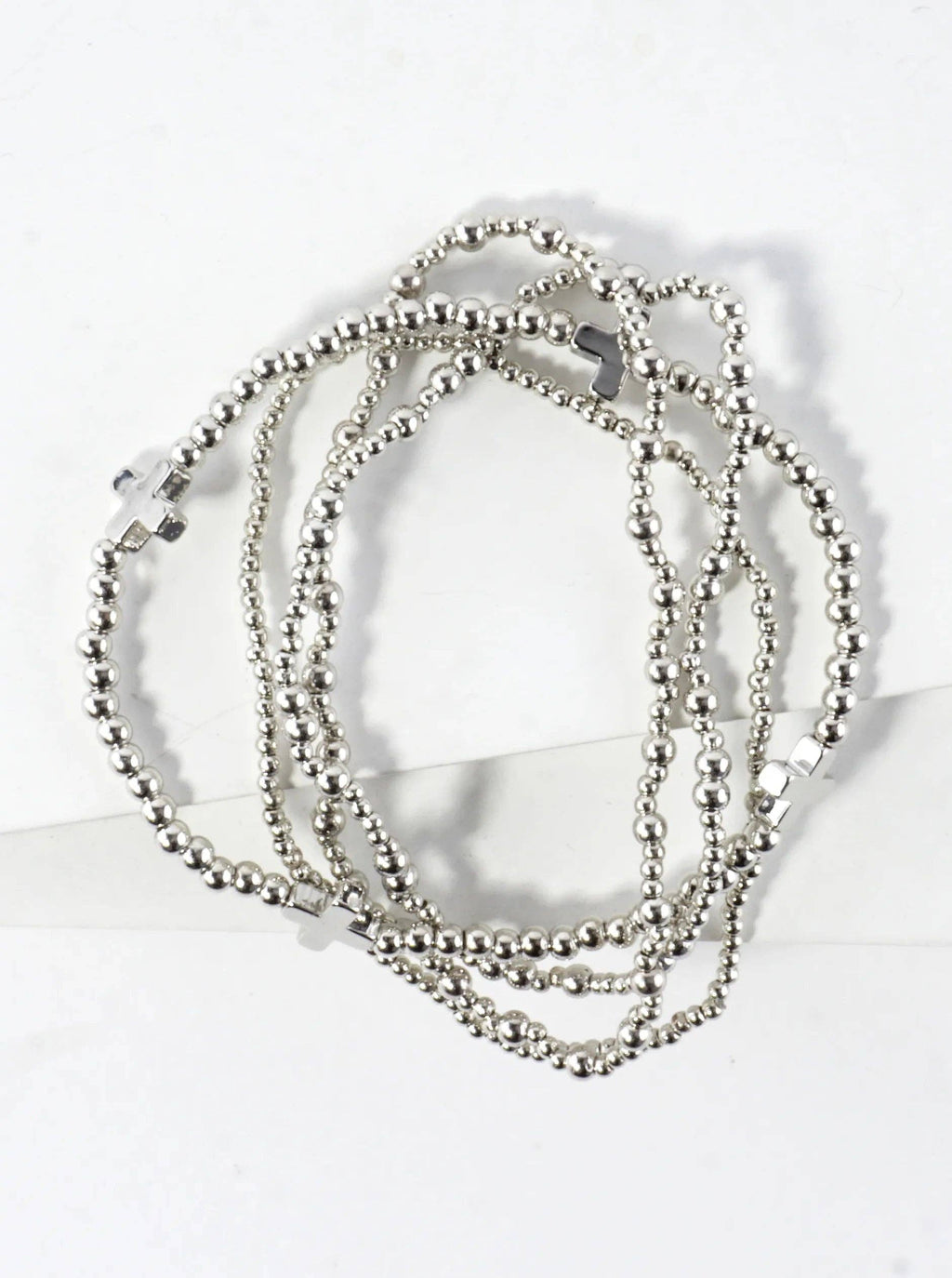 4PC Cross Gold Beaded Stackable Stretch Bracelet Set