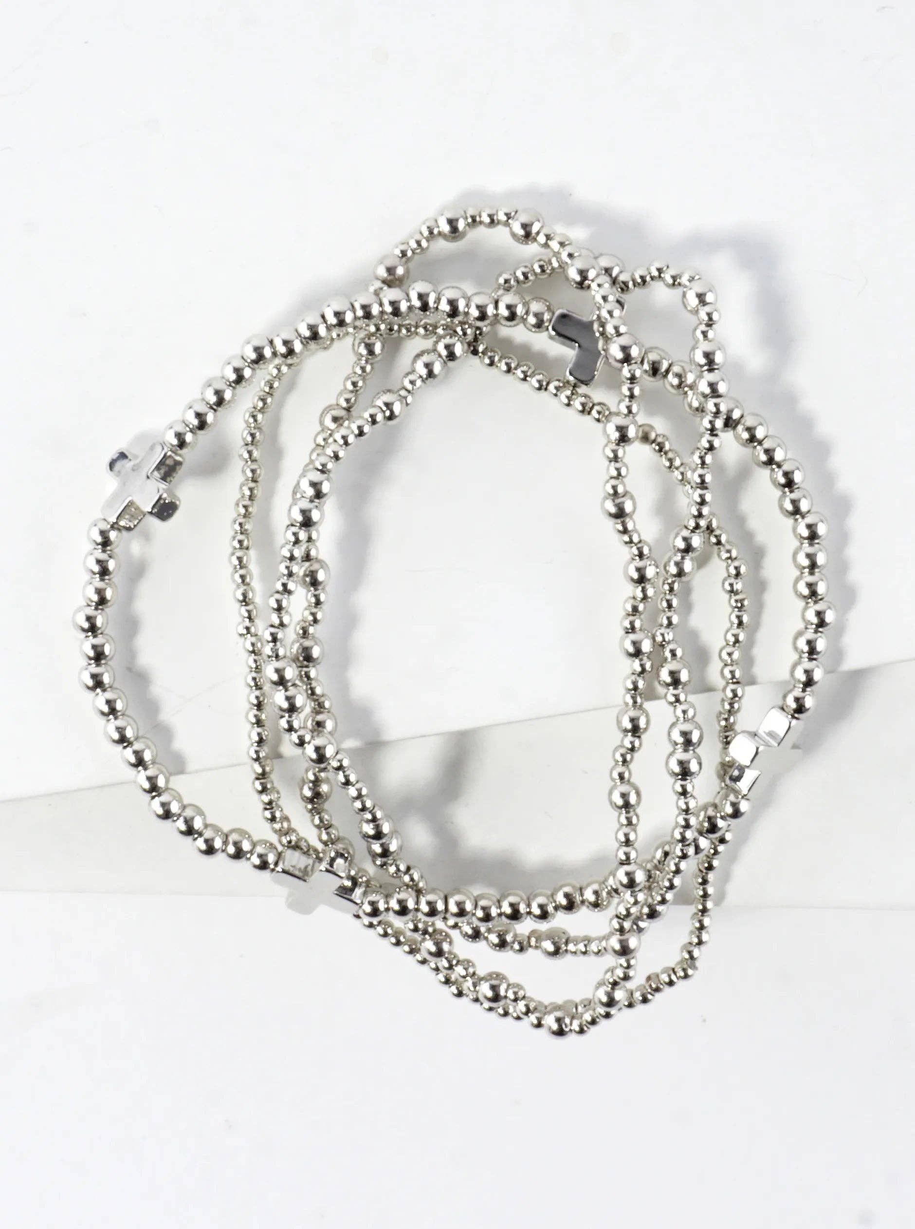 4PC Cross Gold Beaded Stackable Stretch Bracelet Set