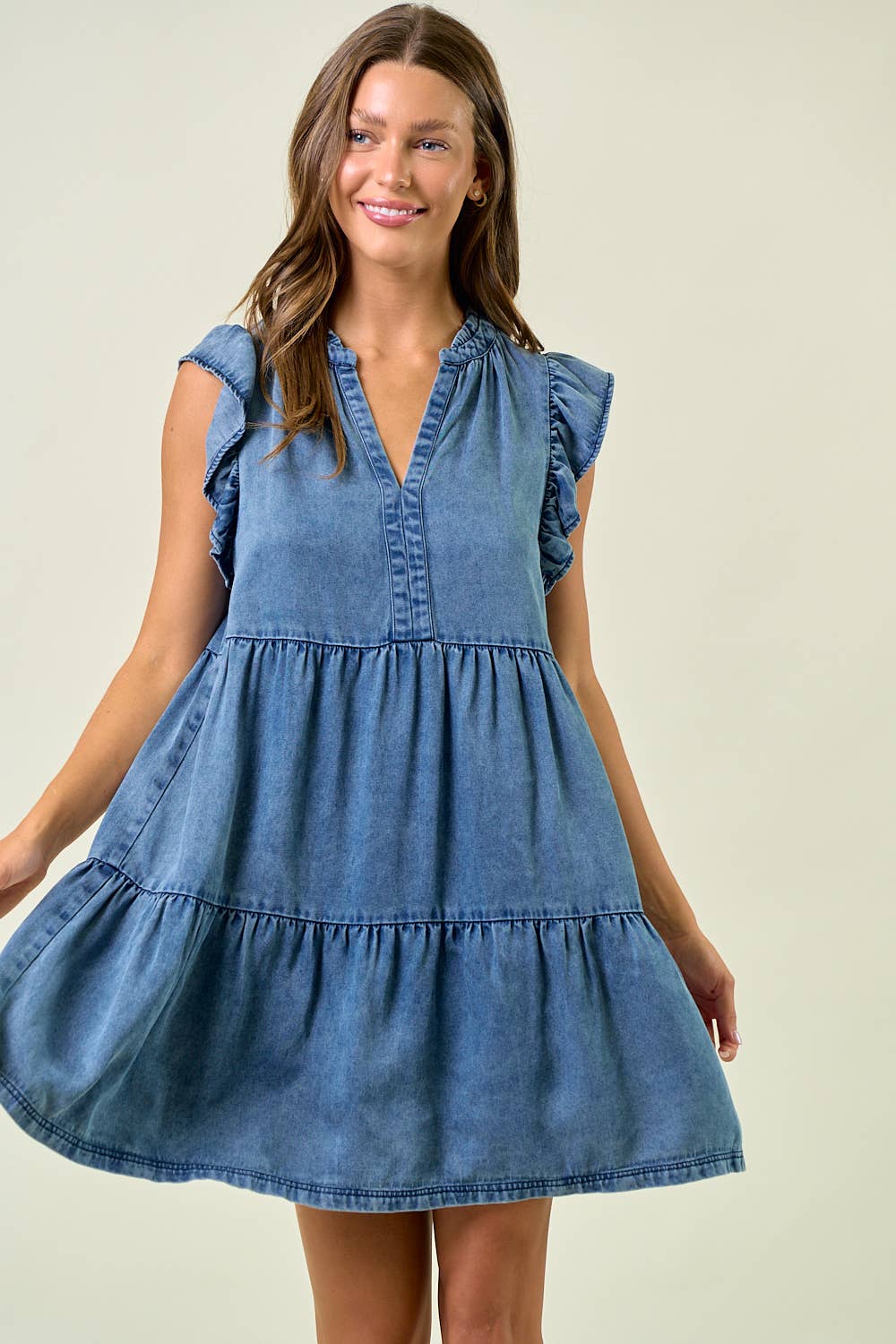 DENIM TENCEL RUFFLE TIERED MINI DRESS