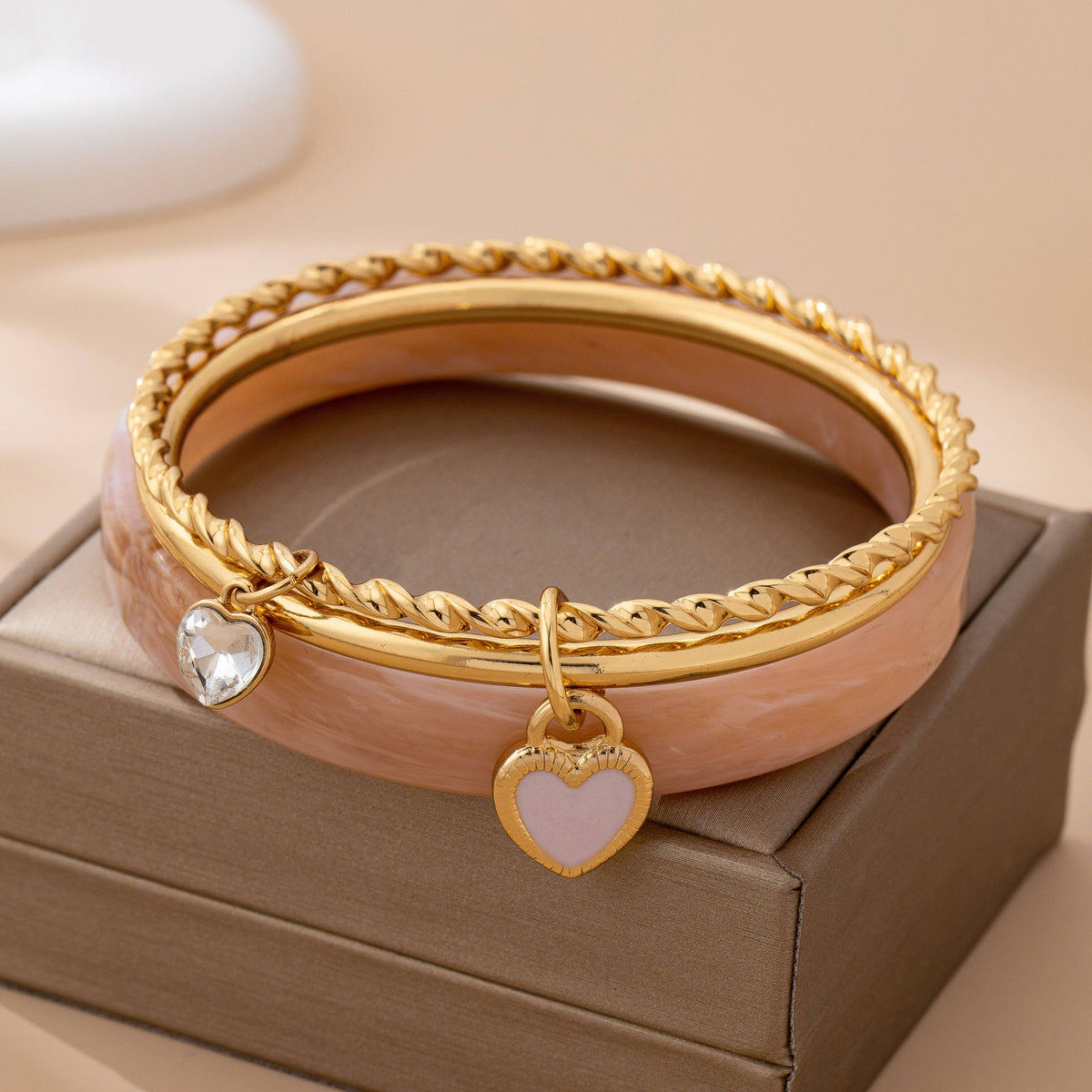 Gold and Acrylic Heart Charm Multi Bangle Set