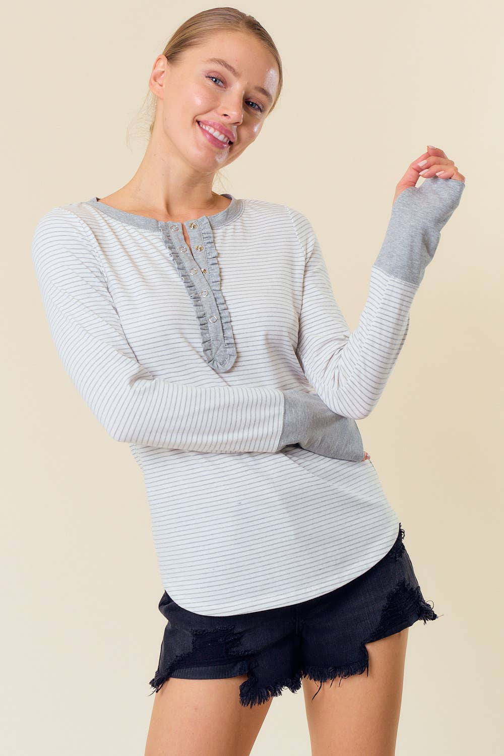 STRIPE LONG SLEEVE HENLEY TOP W/ THUMBHOLES
