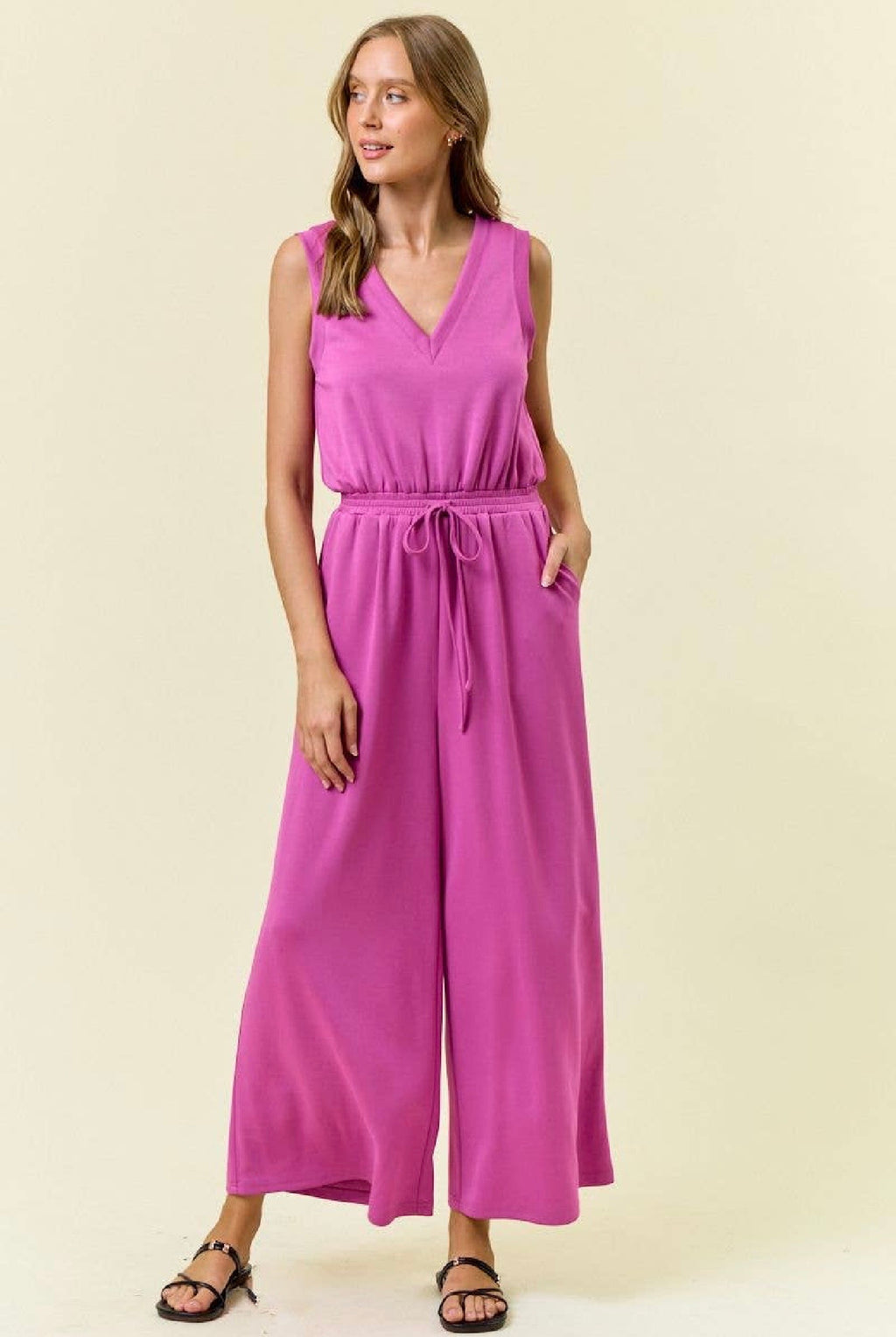 V NECK BRUSHED MODAL WIDE CULOTTE LEG JUMPSUIT