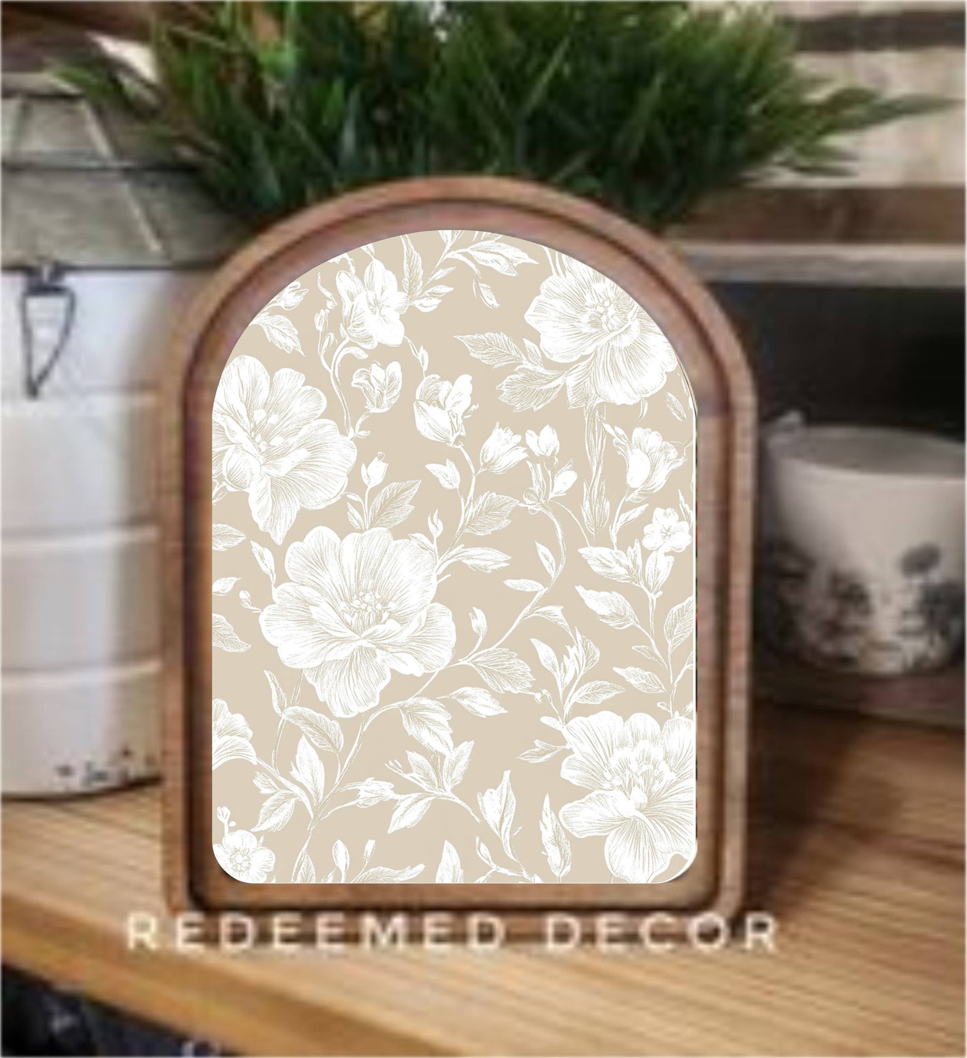 Arch Top Taupe White Floral Framed Art 6x8"