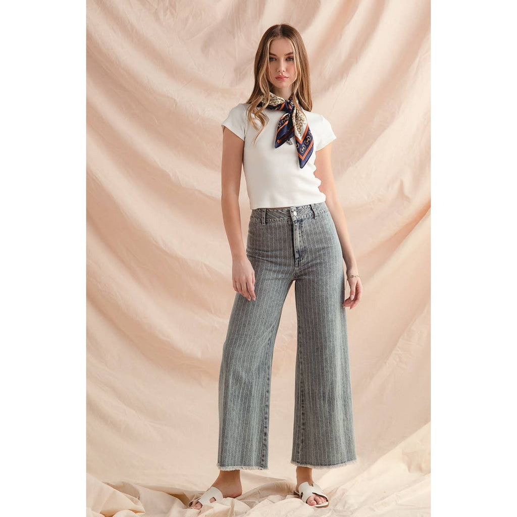 WASHED STRIPE DENIM FRAYED HEM PANTS