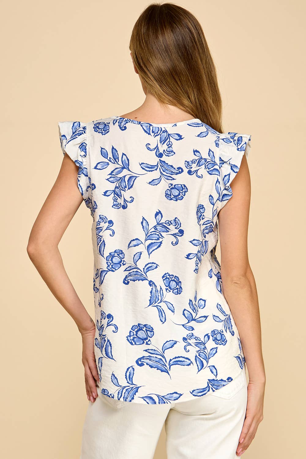 Blue Floral V-Neck Ruffle Sleeve Top