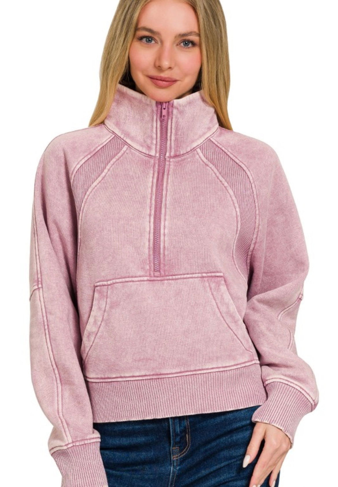 Acid Wash Half-Zip Fleece Pullover with Pocket