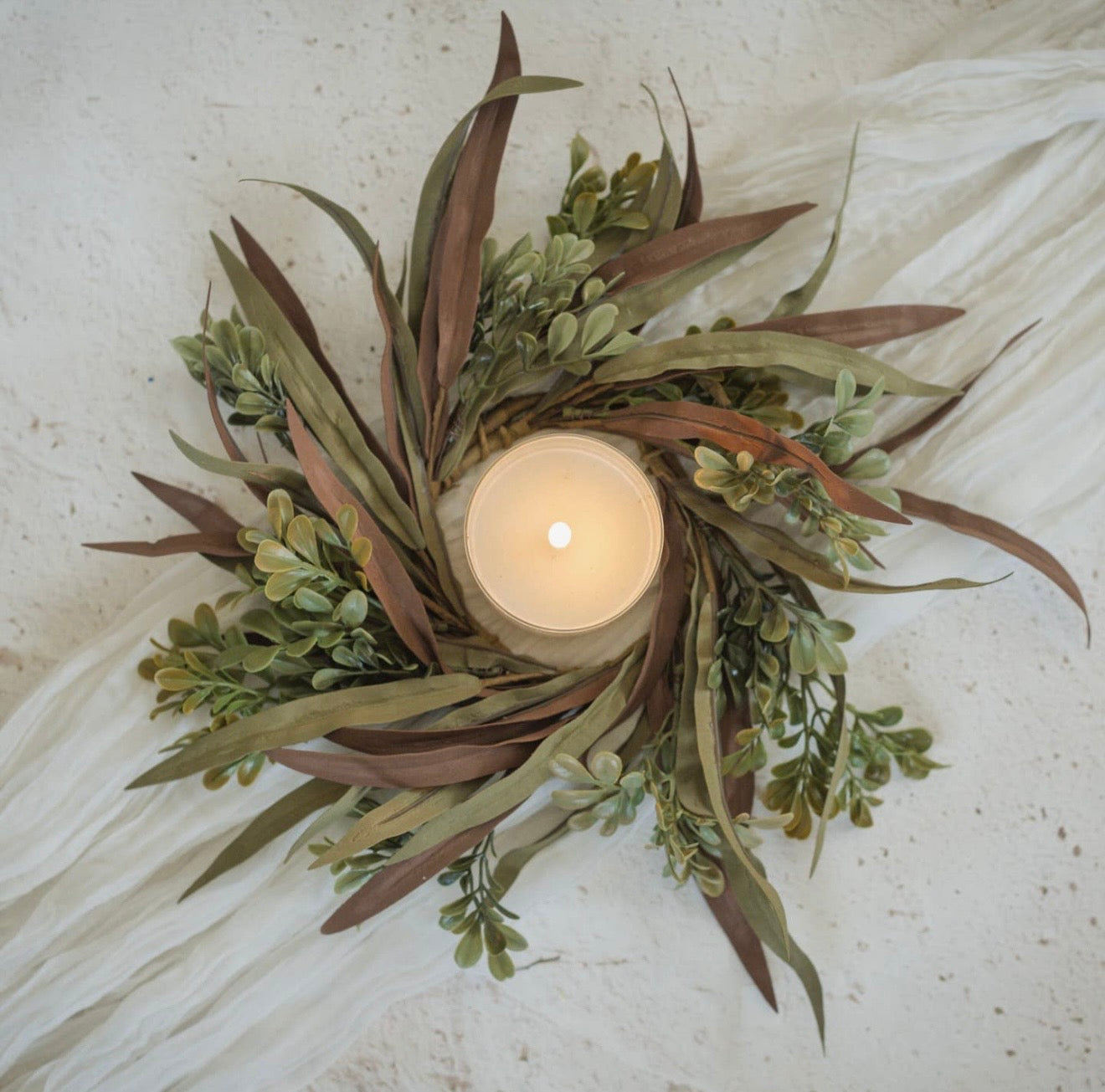 14" Brown & Green Mixed Leaf Candle Ring