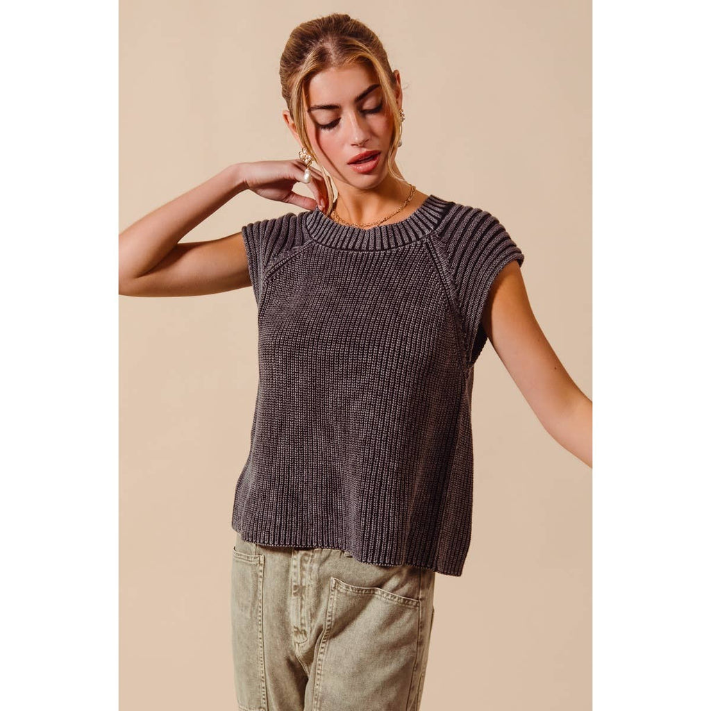 MINERAL WASHED RAGLAN SLEEVELESS SWEATER TOP