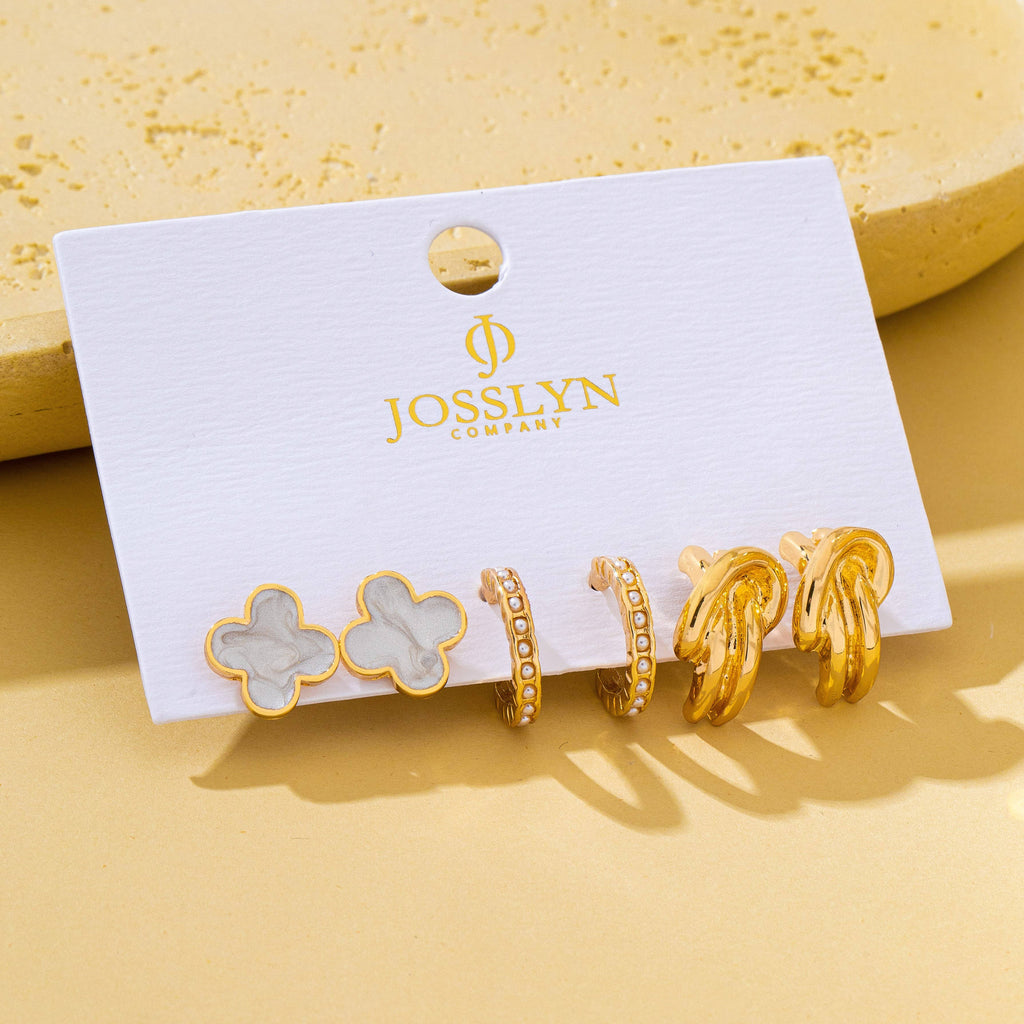 Gold-Tone Clover Pearl Huggie Hoop Earring Trio Se